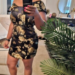 Black and Gold Floral Mini Dress - Elegant Evening Dress